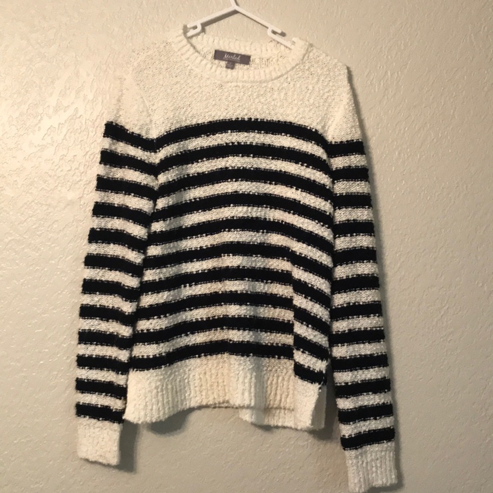 Marled navy and white striped chenille sweater S